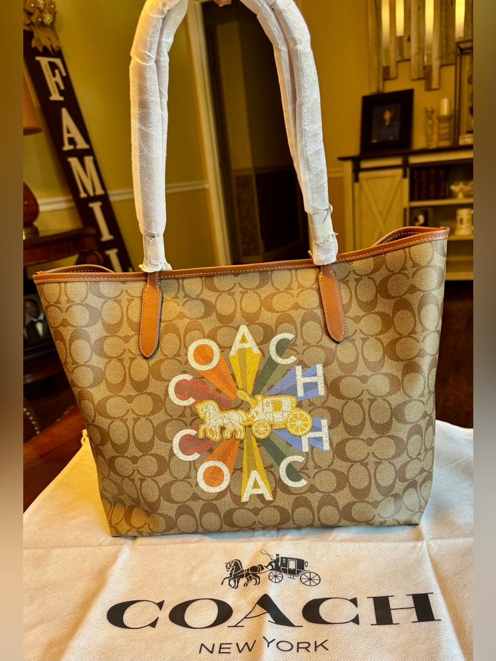 Coach Signature Canvas Tote with Multicolor Logo Wheel & Dustbag NWT